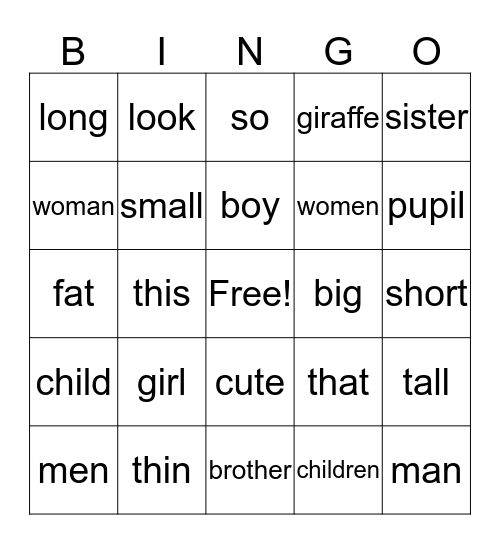 Adjectives Bingo Card