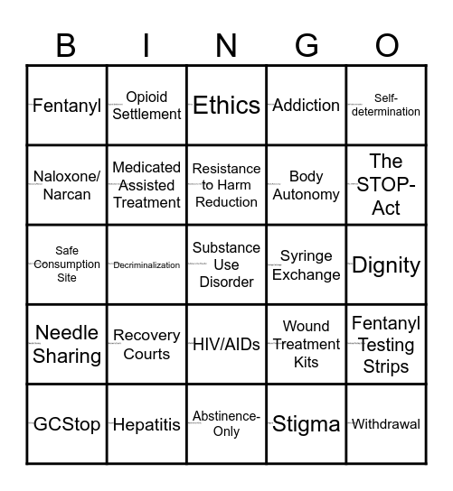 Harm Reduction Bingo Card