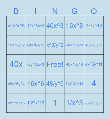 Algebra 1 Exponent Quiz Review Bingo Card