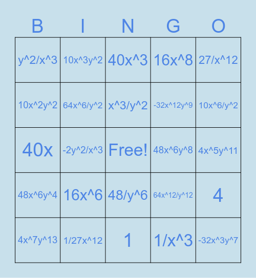 Algebra 1 Exponent Quiz Review Bingo Card