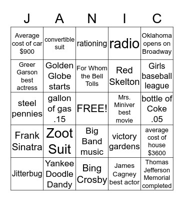 1943 Bingo Card