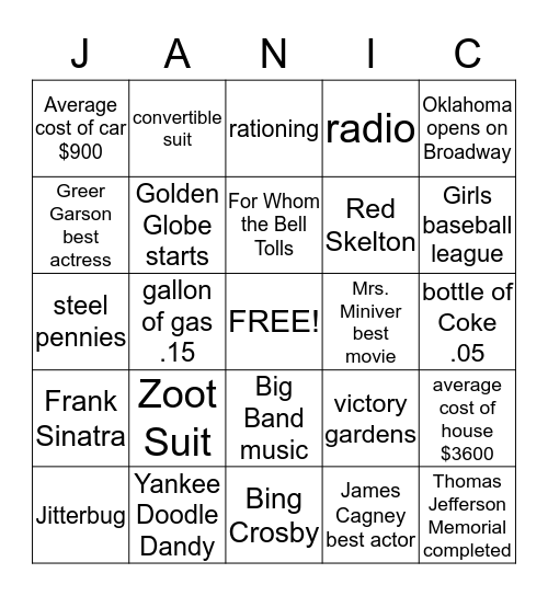 1943 Bingo Card