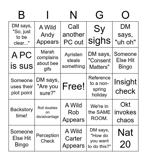 Holiday Fey One Shots Bingo Card