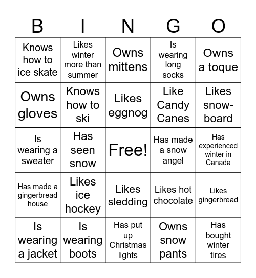 Winter Bingo! Find someone that... Bingo Card