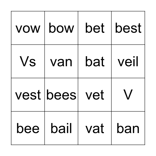 V vs B Bingo Card