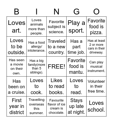 First Day Bingo Card