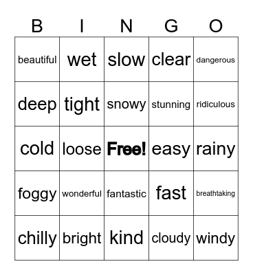 Adjectives Bingo Card