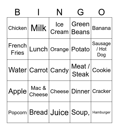 Food Bingo Card