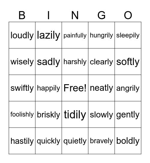 Adverbs Bingo Card