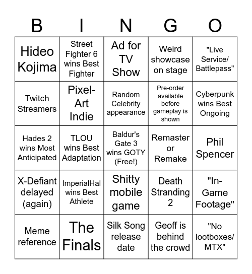 Video Game Awards 2023 Bingo Card