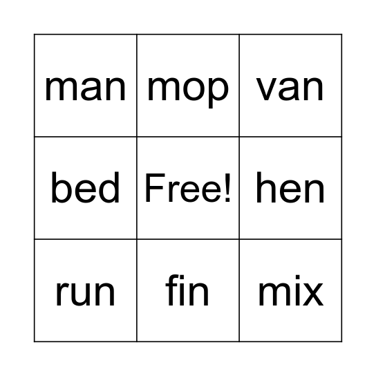 CVC Reading Bingo Card