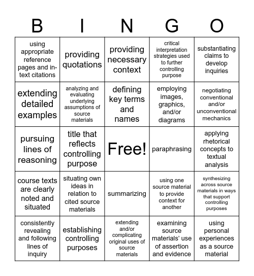 PAR Bingo Card