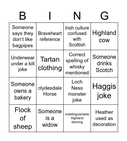 Scottish Christmas movie Bingo Card