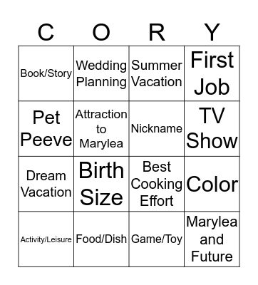 Marylea's Bridal Shower Bingo Card