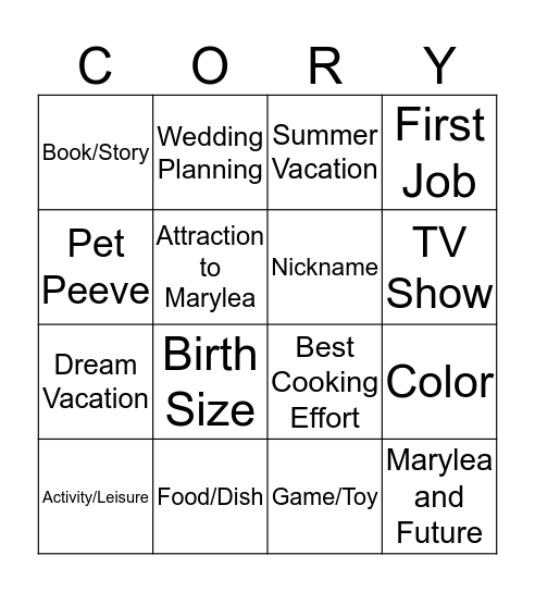 Marylea's Bridal Shower Bingo Card