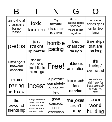 Things i hate in anime Bingo Card