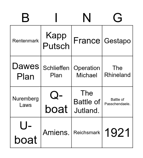 WWI & Germany Revision Bingo Card