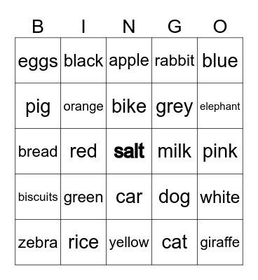 English bingo Card