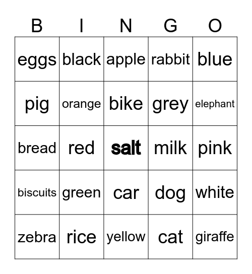 English bingo Card