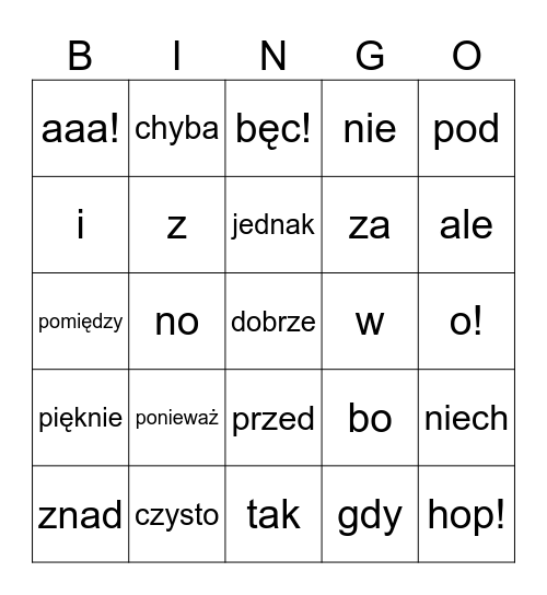 Nieodmienne części mowy Bingo Card