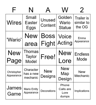 Five Nights at Wario's 2 Deluxe Predicts Bingo Card