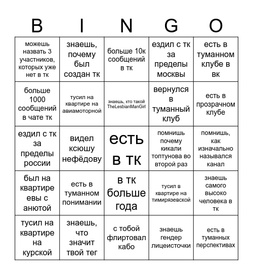 Бинго Туманного клуба Bingo Card