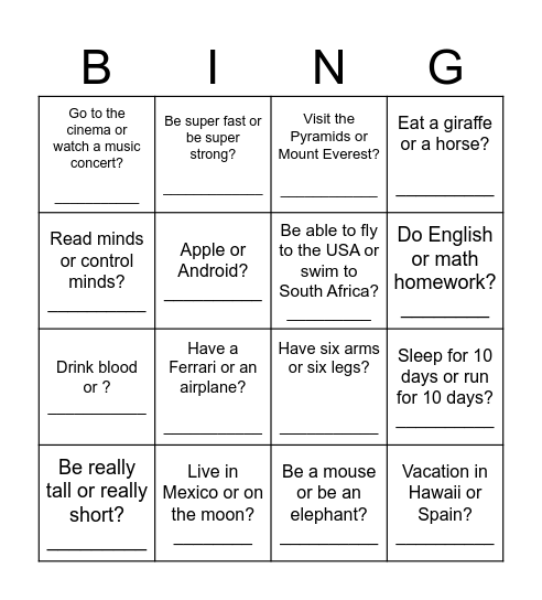 Would You Rather... ? Bingo Card