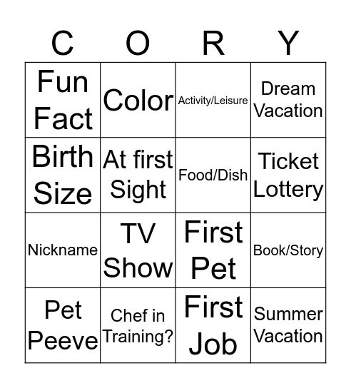 Get to Know Cory Bingo Card