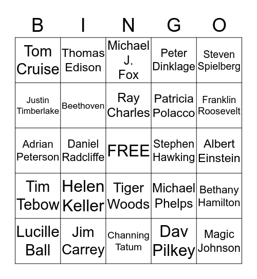 Celebrities with Disabilities Bingo Card