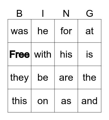 Sight Words Bingo Card
