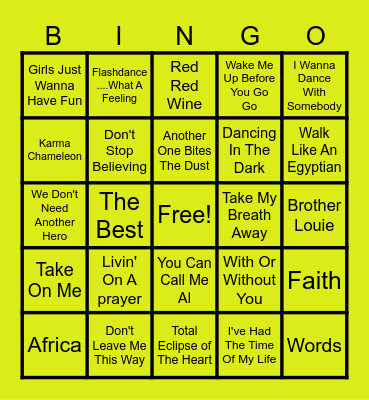 1980's Music Bingo Card
