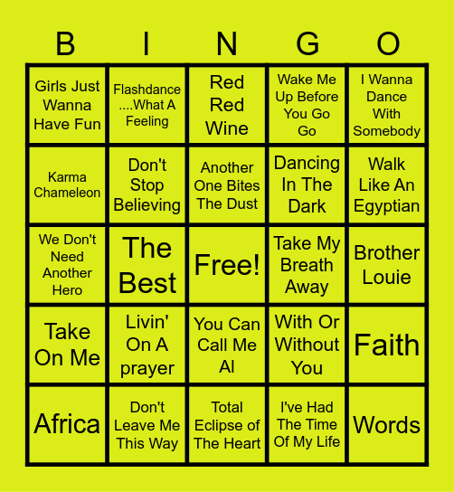 1980's Music Bingo Card