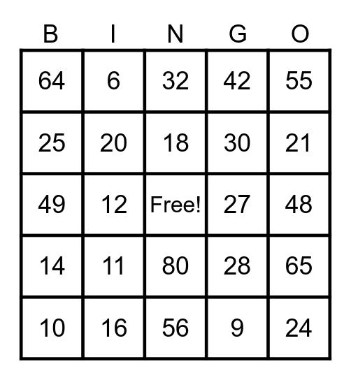 Multiplication Bingo Card