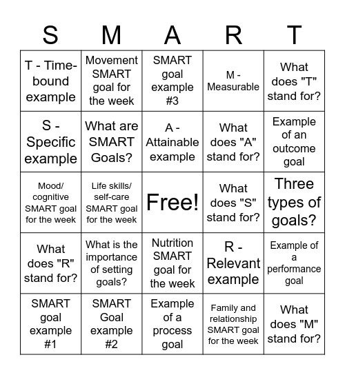 SMART Goals Bingo Card