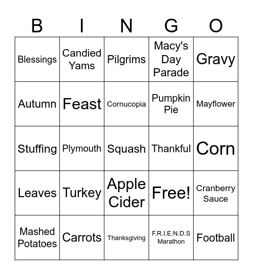 Turkey Day Bingo Card