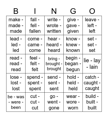 Irregular Verbs Bingo Card