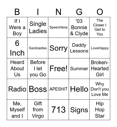 Beyonce Mix #2 Bingo Card