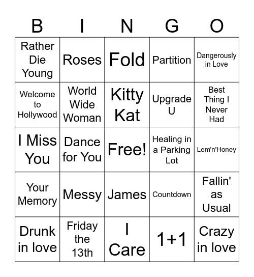 Beyonce Mix #1 Bingo Card