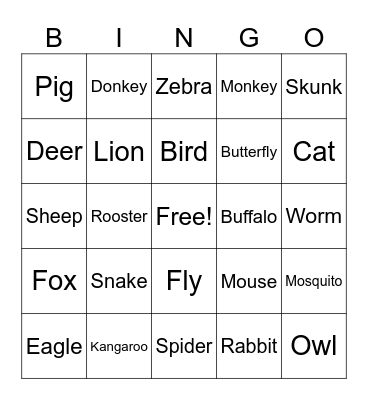 Animals Bingo Card