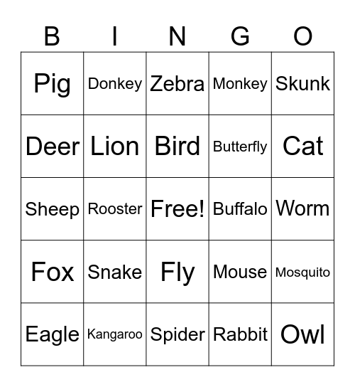 Animals Bingo Card