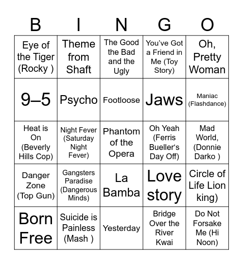 Movie Themes Bingo Card