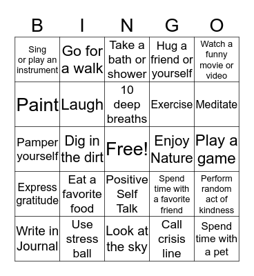 Coping Skills Bingo Card