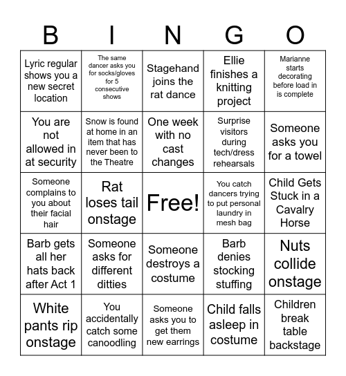 Nutcracker Wardrobe 2023 Bingo Card