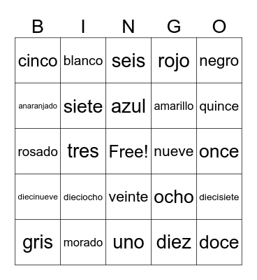 Spanish Colors and Number Bingo Card