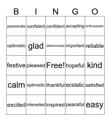 Feelings and Emotions Bingo Card