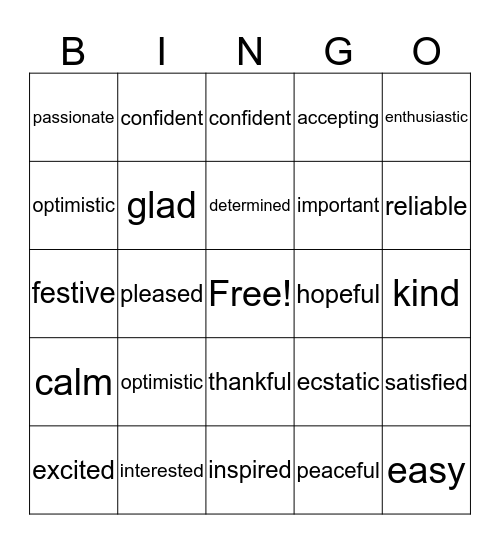 Feelings and Emotions Bingo Card