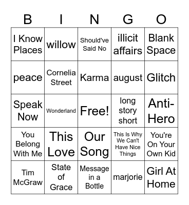 Taylor Swift Music Bingo Card
