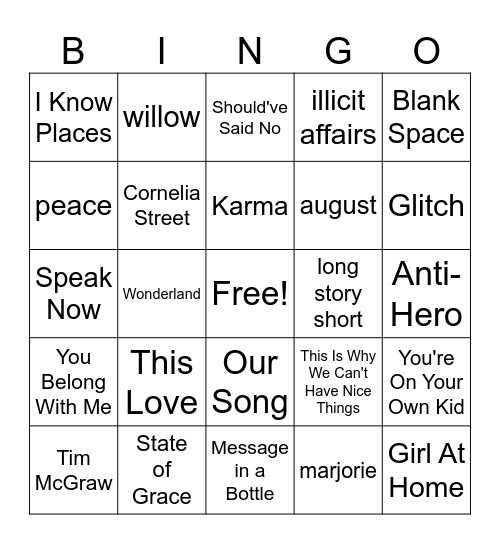 Taylor Swift Music Bingo Card