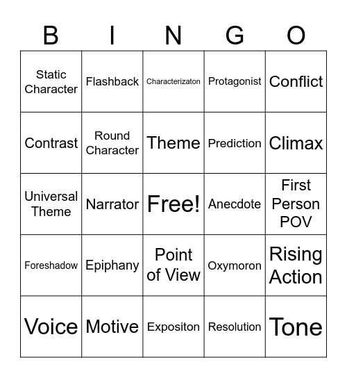 Short Story Bingo Card