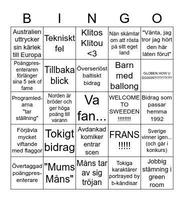 EUROVISION  Bingo Card